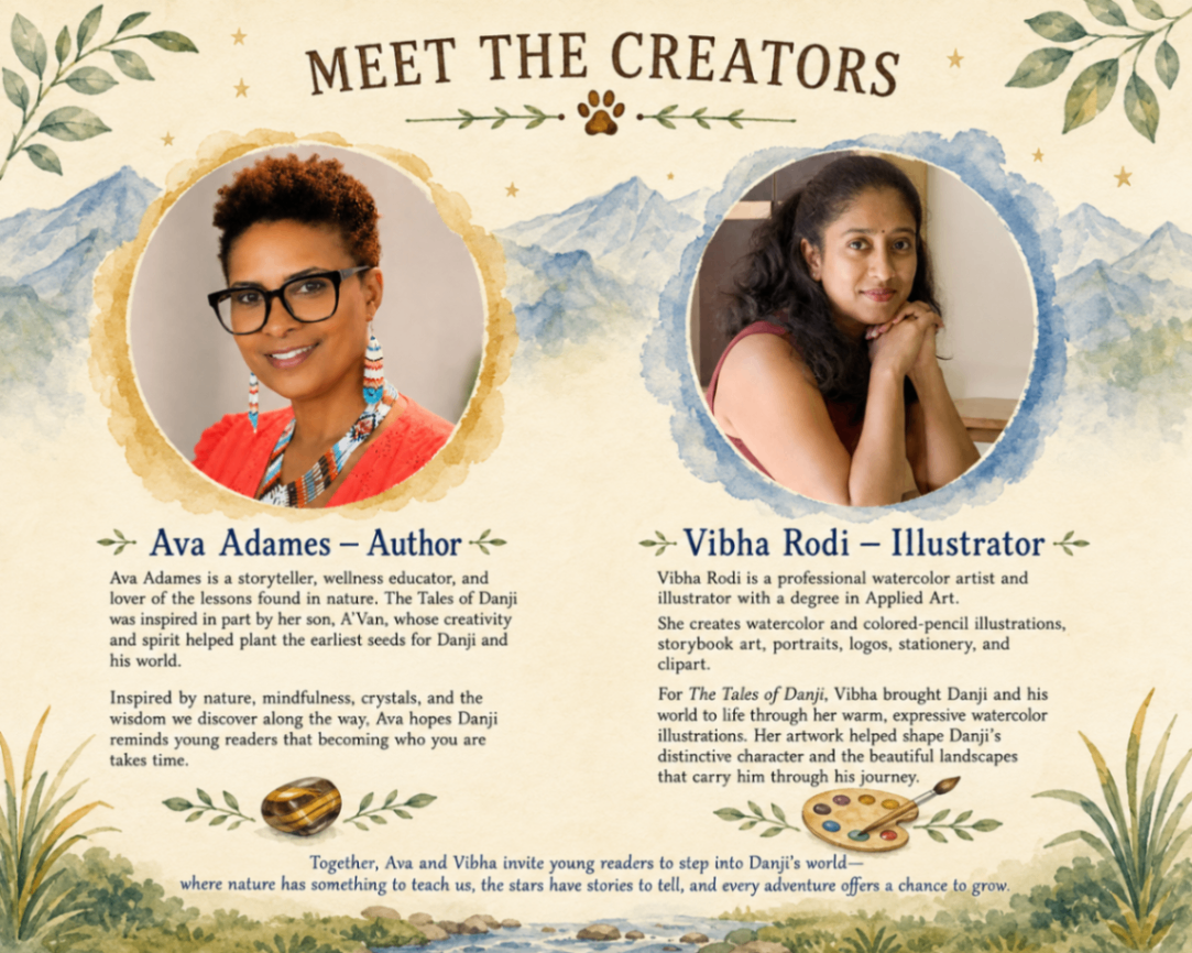 Meet the Creators banner with portraits of author Ava Adames and illustrator Vibha Rodi