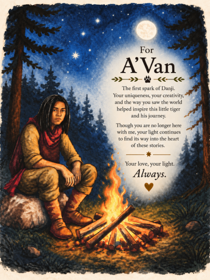 Illustrated dedication page reading 'For A'Van — the first spark of Danji', showing a young figure by a campfire beneath a starry sky