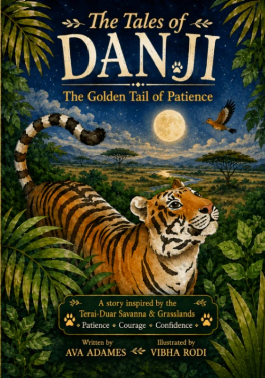 Cover of The Tales of Danji: The Golden Tail of Patience, showing a Bengal tiger beneath a full moon